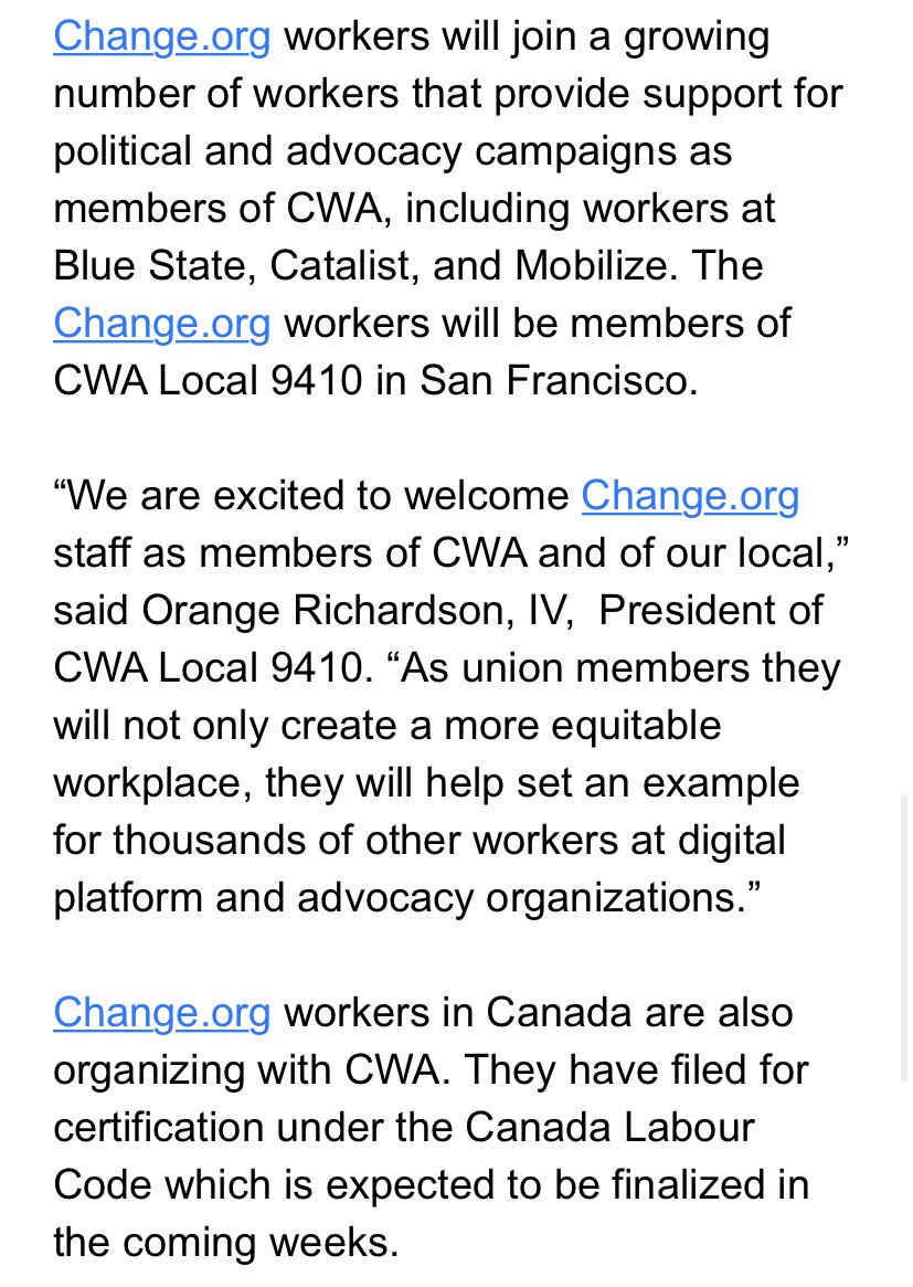 GrimKim's tweet image. Tech workers at @Change have formed a union with the Communications Workers of America’s @CODE_CWA project, and won voluntary recognition earlier today. The unit of 70, dubbed Solidarity at Change, includes campaigners, engineers, content creators, designers, and product managers