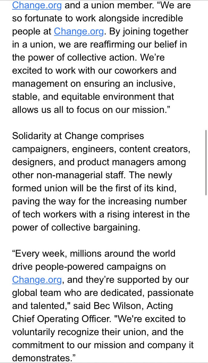 GrimKim's tweet image. Tech workers at @Change have formed a union with the Communications Workers of America’s @CODE_CWA project, and won voluntary recognition earlier today. The unit of 70, dubbed Solidarity at Change, includes campaigners, engineers, content creators, designers, and product managers