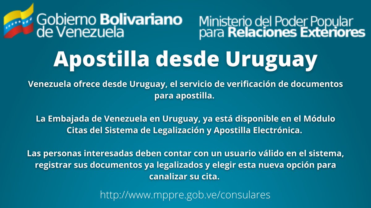 📢 #AHORA Puedes apostillar tus documentos desde las Embajadas de Venezuela en Uruguay, la Embajada de Venezuela en Trinidad y Tobago y desde el Consulado de Venezuela en Curazao. 

🇻🇪🇺🇾 🇨🇼 🇹🇹🇻🇪

#Apostilla #VenezolanosEnElExterior