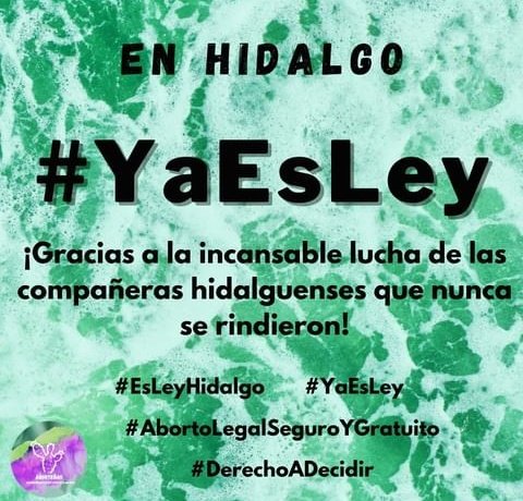 Seguimos celebrando este día histórico para #Hidalgo
Las abrazamos muchísimo!! #EsLey #AbortoLegal #EsLeyHidalgo #DerechoADecidir #DerechosdelasMujeres