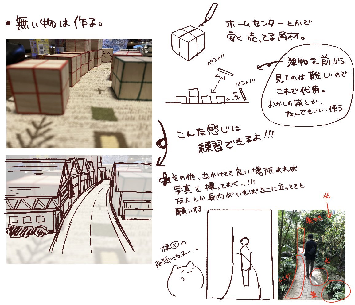 どうしてもイメージしてる建物の角度の資料ない時は作るの図、撮りに行く図。 