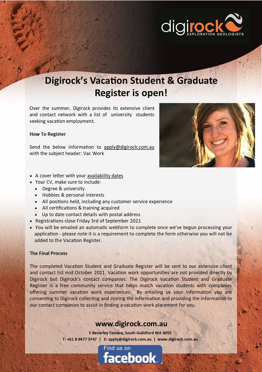 Digirock_Geos's tweet photo. The 2021 Digirock Vac & Grad Register is now open and accepting geology & earth science student applications. Email the info listed in the flyer to ensure you make the list! Applications close Friday, September 3rd. #vacwork #Curtin #UWA #WASM #graduate #exploration #geology ⛏️ https://t.co/DD7J0t83Wo