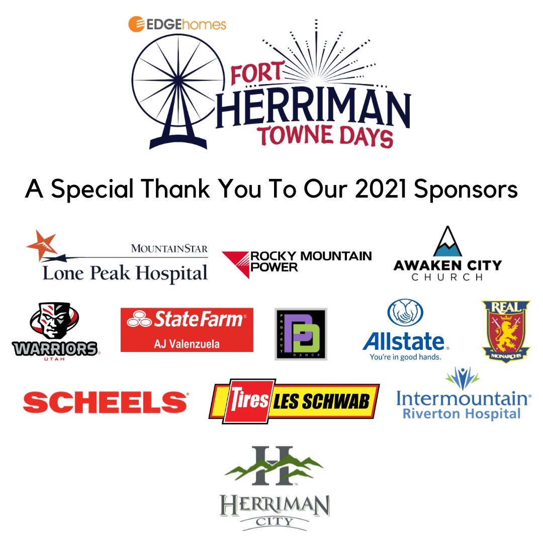 HerrimanCity's tweet photo. Thank you to our @EDGEhomesUT Fort Herriman Towne Days 2021 sponsors for all of their support and for helping make the week of community celebration a success. https://t.co/B8NA3hujZ2