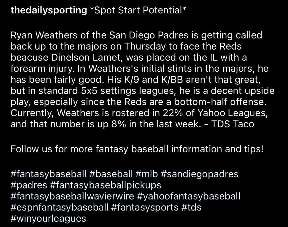 TDSHighHeat's tweet photo. #fantasybaseball #baseball #mlb #sandiegopadres #padres #fantasybaseballpickups #fantasybaseballwavierwire #yahoofantasybaseball #espnfantasybaseball #fantasysports #tds #winyourleagues #spotstart https://t.co/B4226shyNY