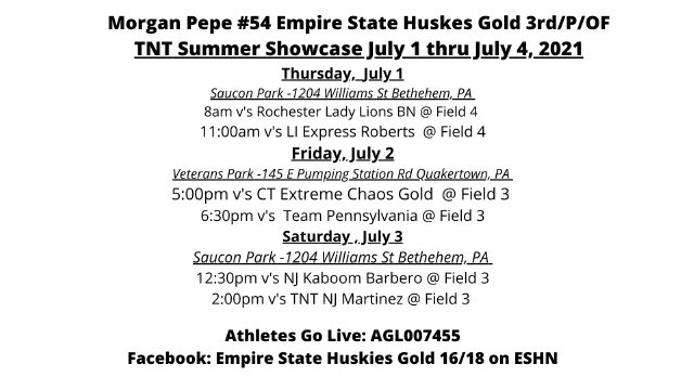 MorganPepe2's tweet photo. Got my schedule for the TNT Summer Showcase this weekend in Quakertown, Pa!! Can’t wait to play!!!!! @HuskiesState @Tampa_Softball @Towson_SB @MasonSoftball @FGCU_Softball @JJayAthletics https://t.co/iy8kQqaYAL