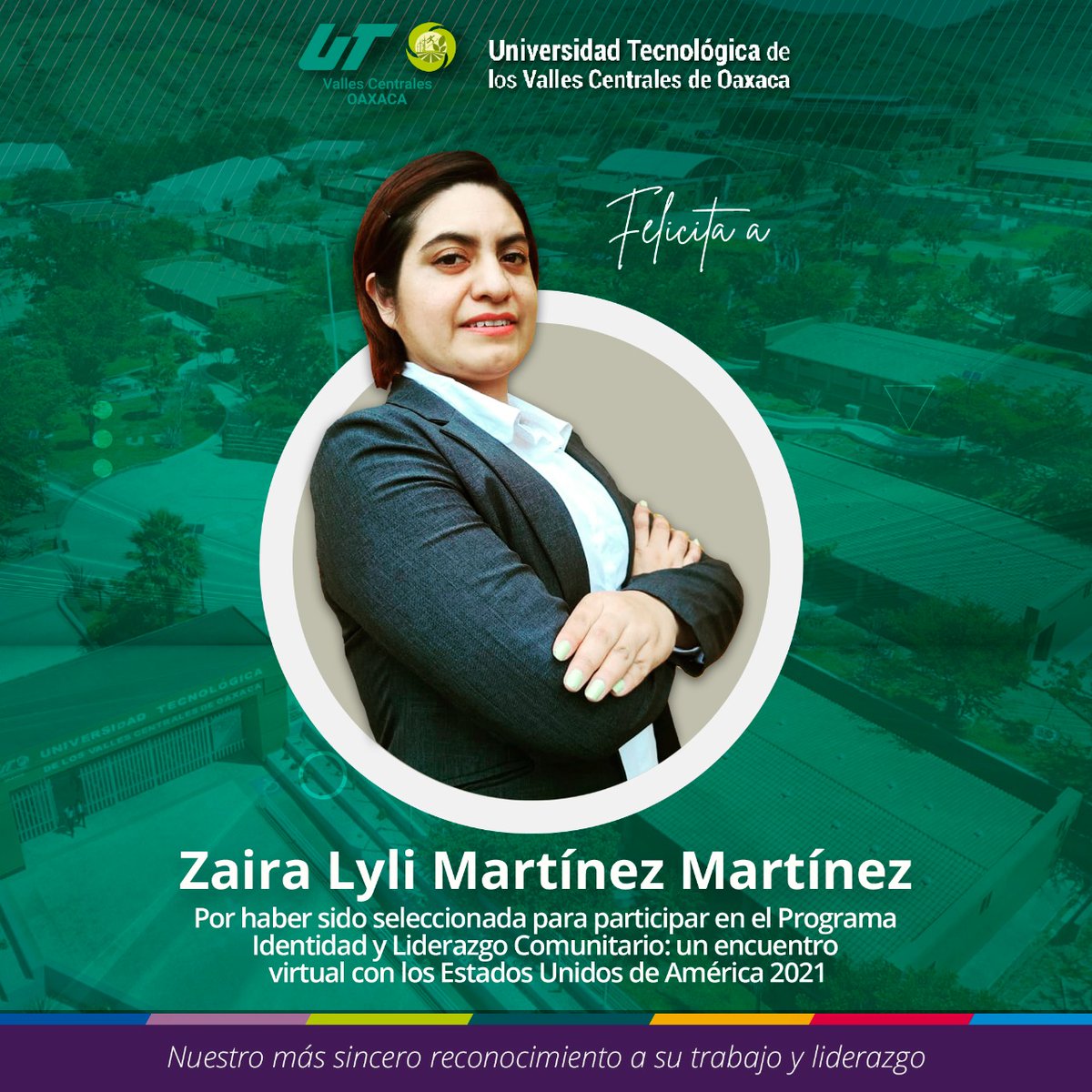 CMujerLider's tweet photo. La #ComunidadUTVCO y #CMUJER felicita a Zaira Lyli Martínez Martínez, estudiante de @Negocios_UTVCO por haber sido seleccionada para participar en el "Programa Identidad y Liderazgo Comunitario: un encuentro virtual con los Estados Unidos de América 2021".
¡Eres #OrgulloUTVCO! https://t.co/dnGpJ07wbw