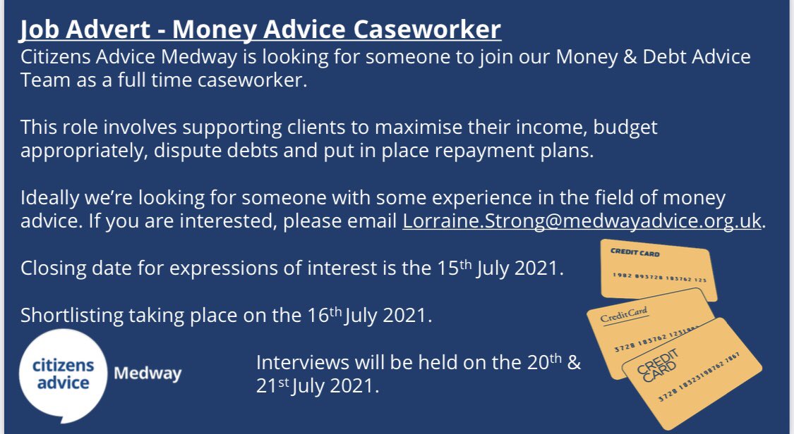 CABMedway's tweet photo. Citizens Advice Medway is currently looking for someone to join our debt team. See below for further information: https://t.co/eylT6aYoKF