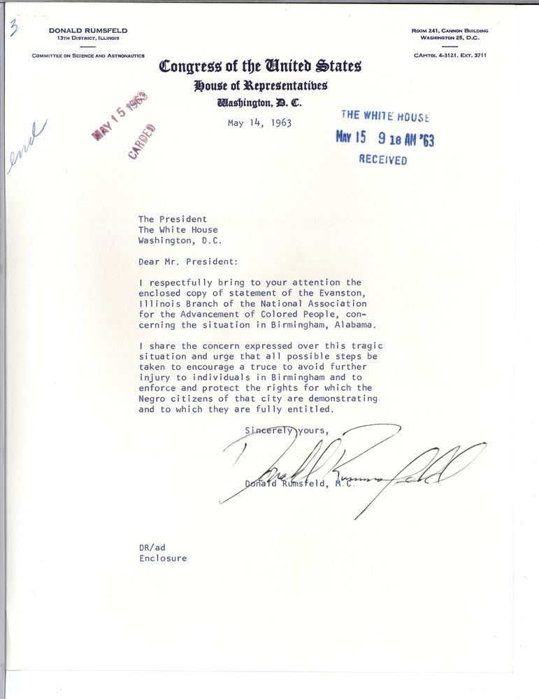 Letter of Congress of the United States House of Representatives letterhead for Donald Rumsfeld of the 13th district of Illinois dated May 14, 1963.
