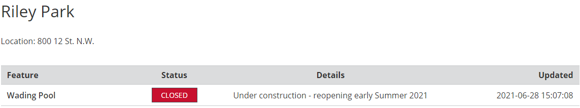 MikeRosloot's tweet photo. @CalgaryParks @cityofcalgary when is Riley Park pool opening? Been asking the staff daily and everyday “tomorrow” is the reply. Early summer 2021 status for months. What’s the hold up? https://t.co/eUjMBN6Wx5