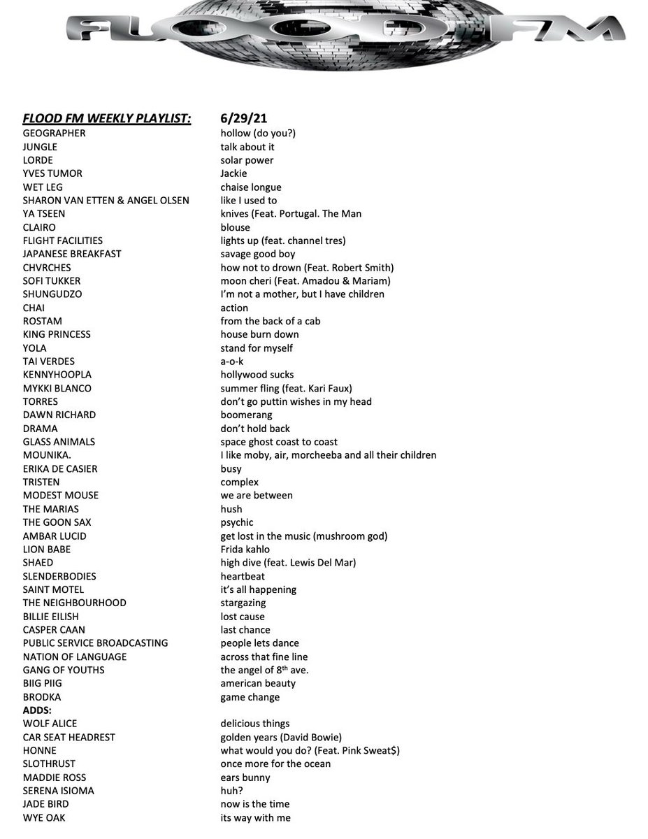 New weekly Flood FM playlist!

Congrats to <a href="/geographer/">geographer</a> for topping our list this week &amp; we're thrilled to add new music by:

🎵 <a href="/wolfalicemusic/">Wolf Alice</a> 
🎵 <a href="/JadeBirdMusic/">Jade Bird</a> 
🎵  <a href="/wyeoak/">Wye Oak</a> 
🎵 @serenaisioma 
🎵  <a href="/hellohonne/">HONNE</a> 
🎵 <a href="/carseatheadrest/">car seat headrest</a> 
🎵 <a href="/MaddieRoss/">Maddie Ross</a> 
🎵 <a href="/SLOTHRUST/">SLOTHRUST</a> 

<a href="/floodmagazine/">FLOOD Magazine</a>