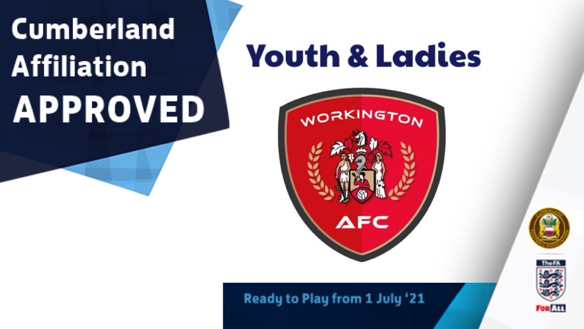 CumberlandFA's tweet photo. WORKINGTON AFC | The Youth & Ladies have completed the #ClubAffiliation process & are approved for Season 2021-22!
#CumberlandFootball #ClubMembership complete β
So from 1st July, the teams can play friendlies, tournaments & League fixtures & are #ReadyForSeason2021 π https://t.co/du1xtjJo4k