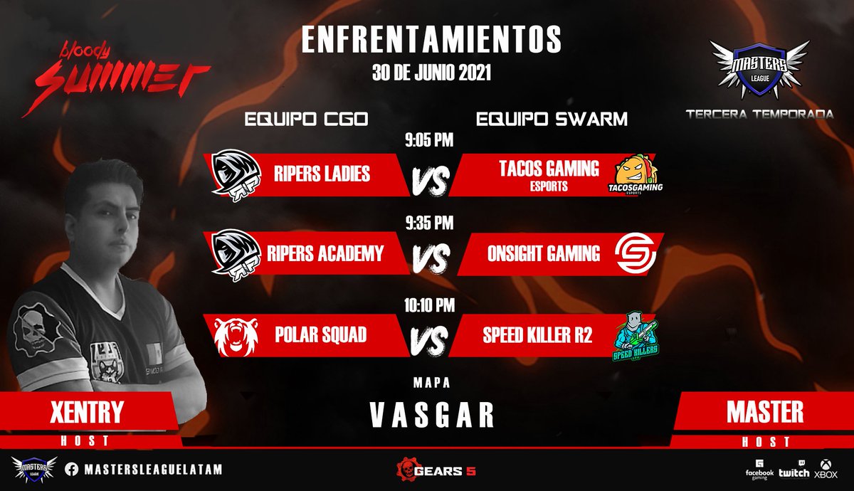 Hoy Continuamos con la Masters League Jornada 2 🔥💪🏻, NO TE PUEDES PERDER ESTOS GRANDES ENFRENTAMIENTOS!!
<a href="/Ripers_Esports/">☠️ Ripers E-Sports ☠️</a>
<a href="/TacosSports/">Tacos Gaming Esports</a>
<a href="/OnSight__Gaming/">OnSight Gaming 👽</a>
<a href="/SpeedKillers_Mx/">Speed Killers (SpK)</a>
@PolarSquadEsports
#Gears5 #GearseSports #eSports #gearsofwar