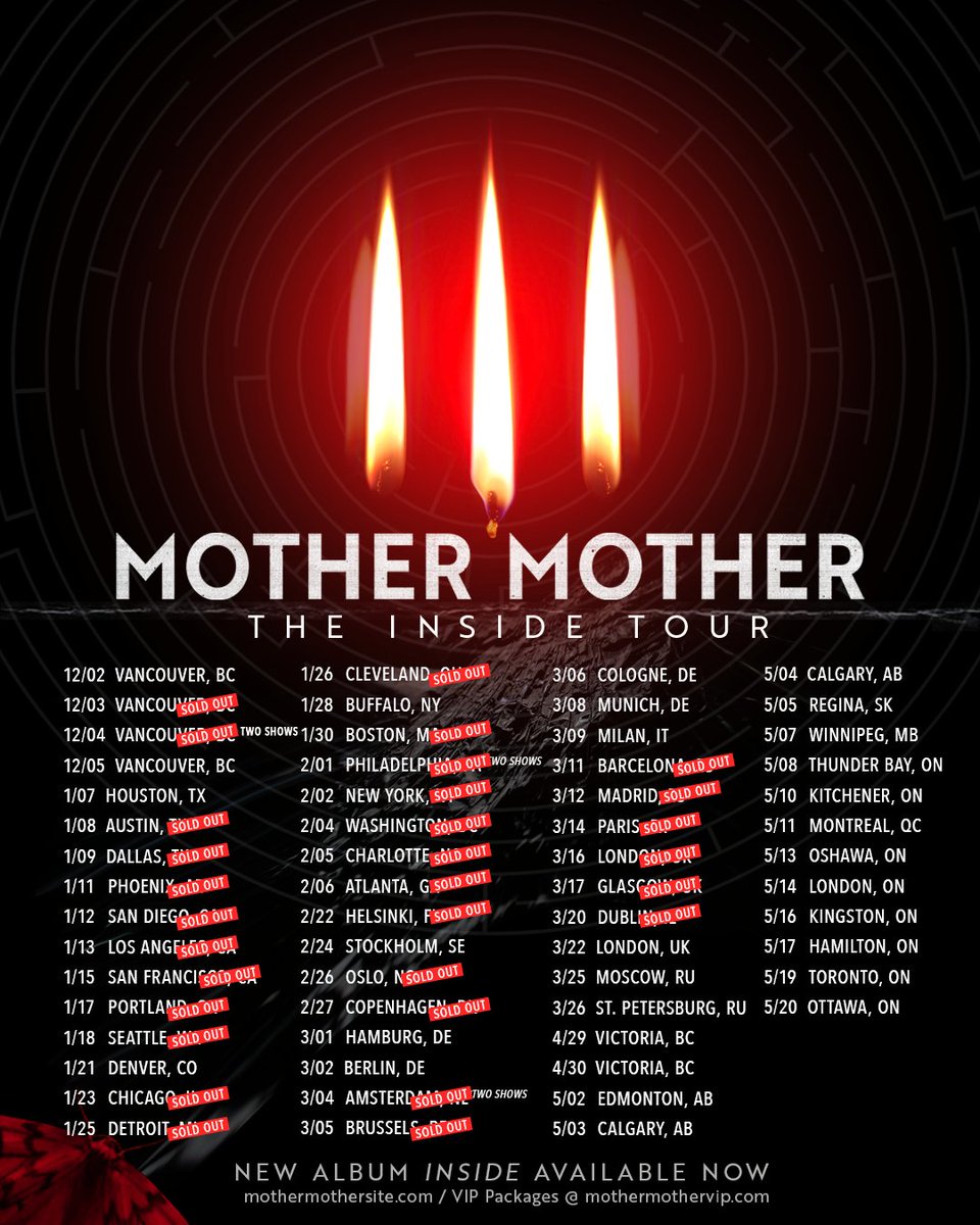 Mother Mother on X: We are so incredibly grateful to all of you who've  bought tickets for the #INSIDETour. Most of these shows are already sold  out or have very low inventory
