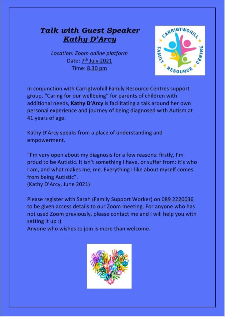 RolaHONeill's tweet photo. Carrigtwohill Family Resource Centre is delighted to invite parents of children with additional needs to attend this interesting talk with inspiring Dr. Kathy D'Arcy, who is going to share openly her experience with autism. @KathyDArcyCork @RodsMears #Autism #parenting https://t.co/OmRa4AYsHU