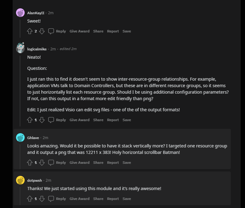 mentalhotfix's tweet photo. Getting amazing feedback for the 'Azure Visualizer' project from the #Azure and #PowerShell community on @Reddit! ♥😇  [1/2]

GitHub Repo 👉 https://t.co/e3X1tnnJvx
Documentation 👉 https://t.co/48W83vwdMm

#azurecloud #azviz #graphviz #automation https://t.co/g3pba8ZUJx