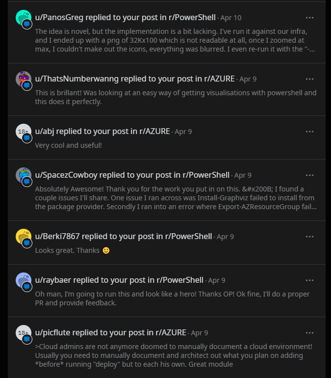 mentalhotfix's tweet photo. Getting amazing feedback for the 'Azure Visualizer' project from the #Azure and #PowerShell community on @Reddit! ♥😇  [1/2]

GitHub Repo 👉 https://t.co/e3X1tnnJvx
Documentation 👉 https://t.co/48W83vwdMm

#azurecloud #azviz #graphviz #automation https://t.co/g3pba8ZUJx