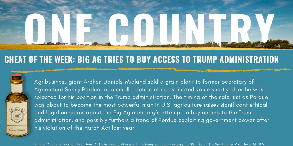 _OneCountry_'s tweet photo. This week’s #CheatoftheWeek goes to Archer-Daniels-Midland. The agribusiness giant sold land to Trump Secretary of Agriculture Sonny Perdue for a fraction of its worth, raising concerns about the Big Ag company trying to buy access to the Trump Administration. https://t.co/PmfSY0p3Y3