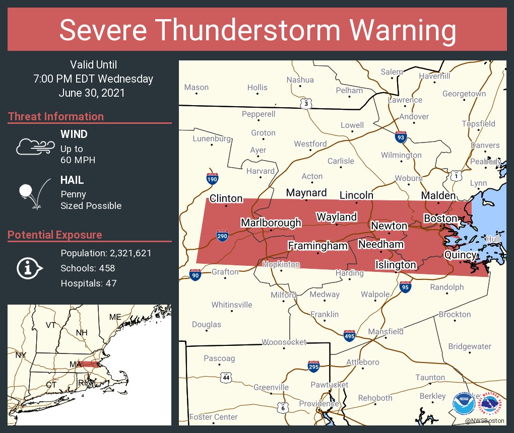 NWSBoston's tweet photo. Severe Thunderstorm Warning including Boston MA, Cambridge MA, Quincy MA until 7:00 PM EDT https://t.co/g0bZ1XdmWu