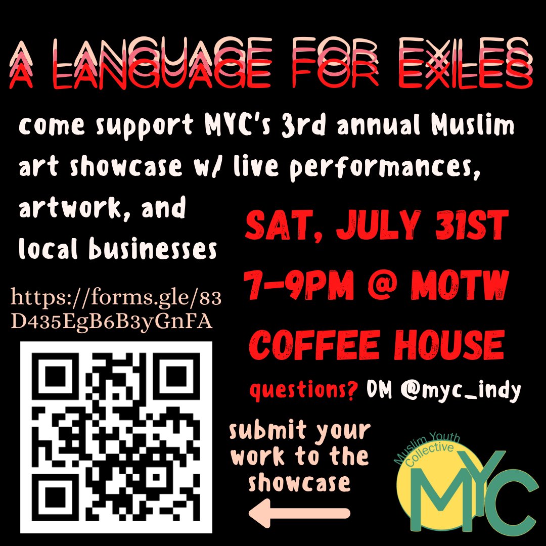 MYC Indy is back with another annual art gallery to promote local Muslim artists, writers, businesses, etc. If you're a business interested in promoting yourself, send us a DM on Instagram "myc_indy" or on our Facebook page "Muslim Youth Collective - Indianapolis." See you there!