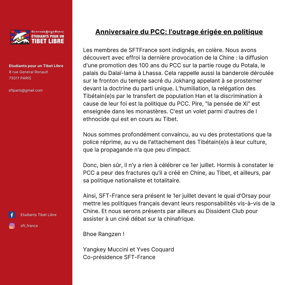 YvesCoquard's tweet photo. CP de @SFTFrance à l'occasion des #CCP100 @SFTHQ @EtacFrance @tibetinitiative @SaveTibetOrg @tibetinfonet @VOATibetan @LDH_Fr @amnestyfrance @hrw_fr @CTransnationale @GIRAUDBRIGITTE @AHKF2020 @DilReyhan @DesOuighours https://t.co/80EmJvSL7T
