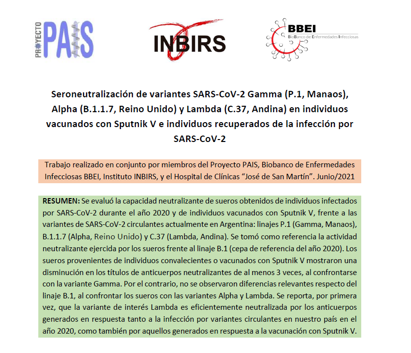 ➡️ ES EFECTIVA LA SPUTNIK V FRENTE A LAS NUEVAS VARIANTES?

📑 Se publicó un informe sobre la capacidad de neutralización de anticuerpos en individuos vacunados con Sputnik V y en individuos recuperados de COVID-19, frente a las variantes de SARS-CoV-2 circulantes en Argentina.