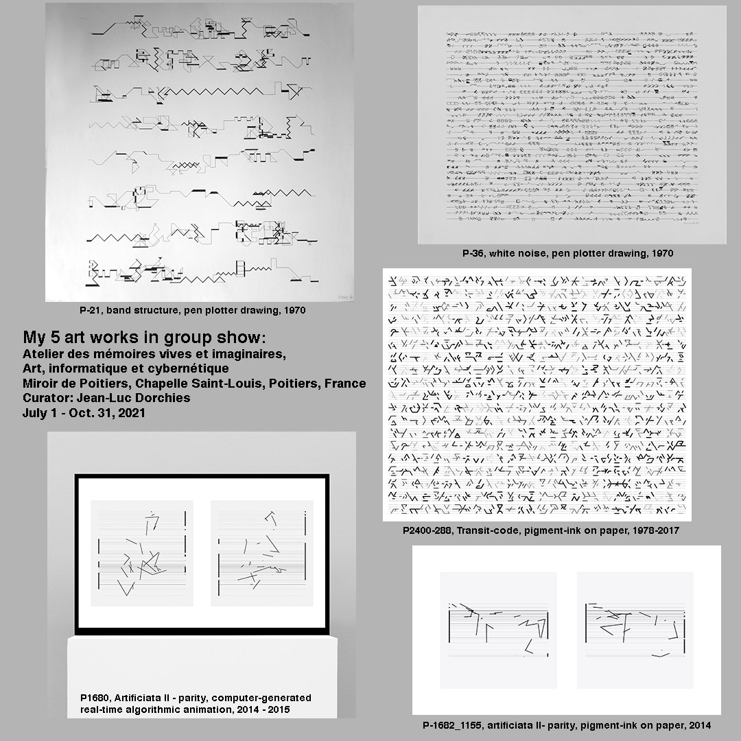 manfredemohr's tweet photo. My 5 art works in group show, to Oct. 31, 2021:
Atelier des mémoires vives et imaginaires, Art, informatique et cybernétique, Miroir de Poitiers, Chapelle Saint-Louis, Poitiers, France
Manfred Mohr @manfredemohr #50yearsOfAlgorithms 
https://t.co/I8UNv6GHMn
#algorithmicart https://t.co/vNmnX98o4i