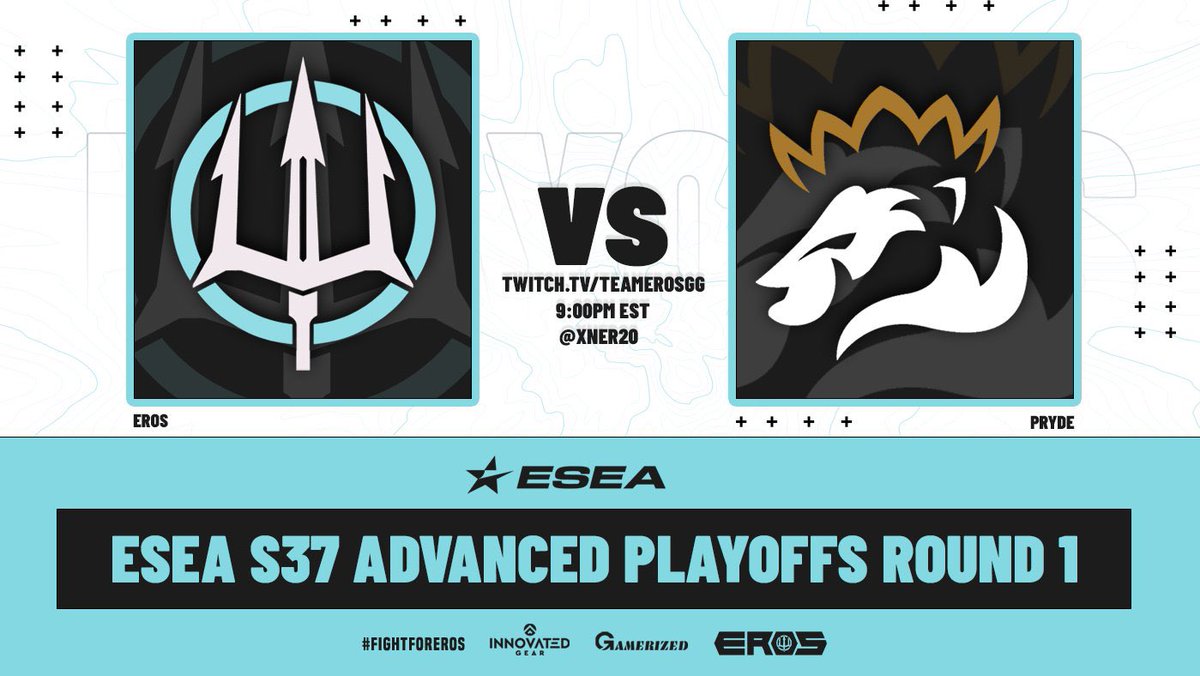 ErosCollective's tweet photo. [#ErosCS] (Advanced Playoffs)

We are live as we take on @GGPryde in the first round of ESEA Advanced playoffs!

Eros #9 (11-5) vs Pryde #8 (11-5)

⏰: LIVE NOW!
🖥️: https://t.co/4D4MqX7ukT
⚔️: @GGPryde 
🎙: @xner20 

#FightForEros #GoEros https://t.co/HQ6ECG3Xn1
