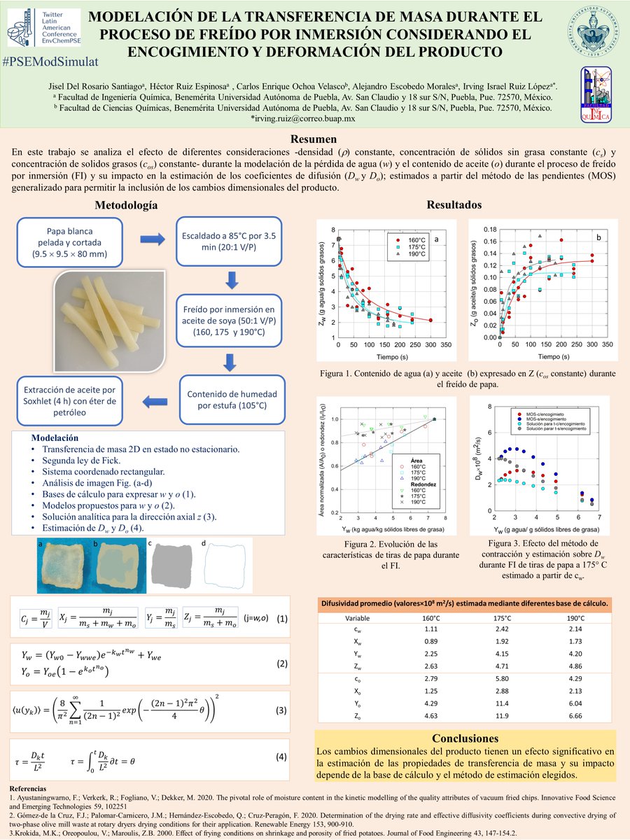 Jis_drs's tweet photo. Hola, mi poster es MODELACIÓN DE LA TRANSFERENCIA DE MASA DURANTE EL PROCESO DE FREÍDO POR INMERSIÓN CONSIDERANDO EL ENCOGIMIENTO Y DEFORMACIÓN DEL PRODUCTO, @LatEnvChemPSE #PSEModSimulat https://t.co/Y5vO5Q5lIv