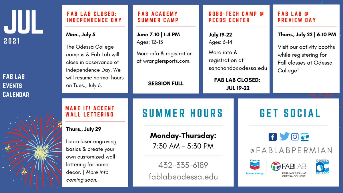 fablabpermian's tweet photo. Check out our July happenings in the Fab Lab! #fablabpermian #fabfoundation #odessacollege #chevron 🎆🇺🇸 https://t.co/oDpiIumzl9