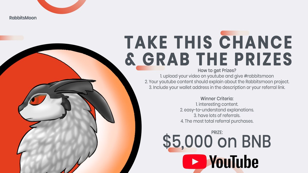 RabbitsMoonCoin's tweet photo. A special gift for you!
We will also support 5 youtubers who provide the best explanations about Project RabbitsMoon. As our appreciation to youtubers who understand the RabbitsMoon project well and can convey it through creativity in youtube content. https://t.co/m6C7SXhHKr