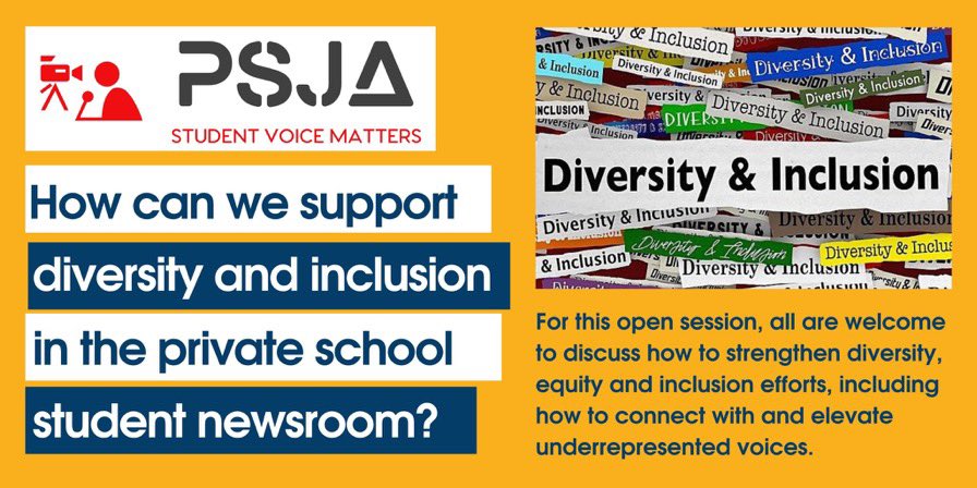 psja_voice's tweet photo. Free of charge, everyone from any school type or size is welcome to attend tomorrow's virtual "Diversity and Inclusion Workshop" at 12:15 p.m. (EST). DM or email your name, school, and position for Zoom link. #isedchat #edchat @nationalJEA @Poynter #sschst https://t.co/7NAHVxesrQ