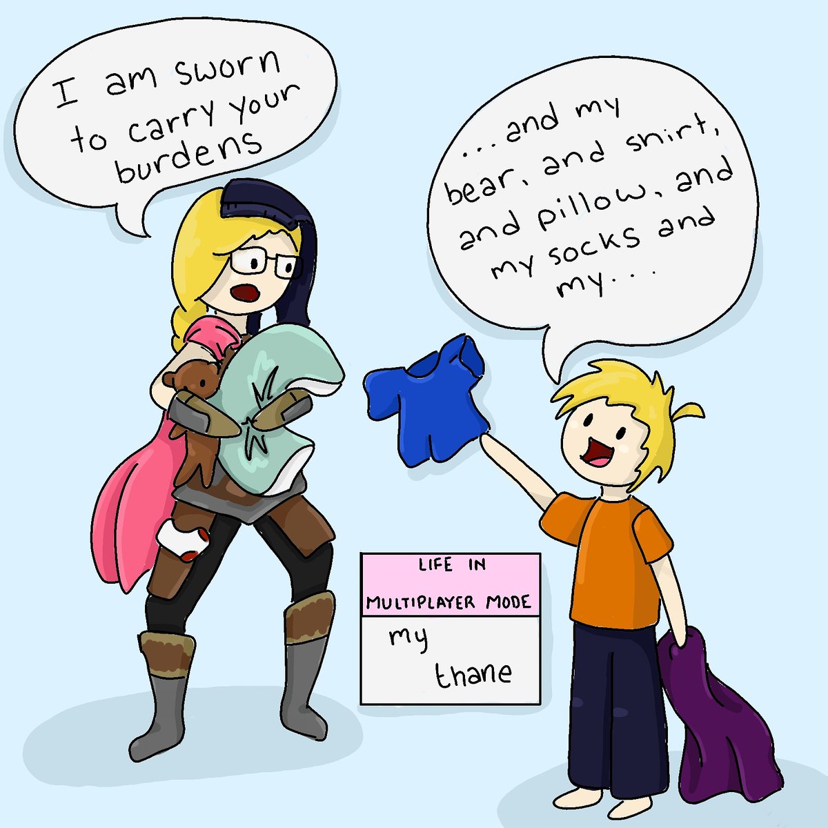 multiplayerlife's tweet photo. Guess it's time I changed my name to Lydia 🤷 But for real, do we need to bring EVERYTHING from your bed downstairs?!?
#webcomic #webcomicseries #comicstrip #parenting #skyrim #iamsworntocarryyourburdens https://t.co/FdIGGfwaYn