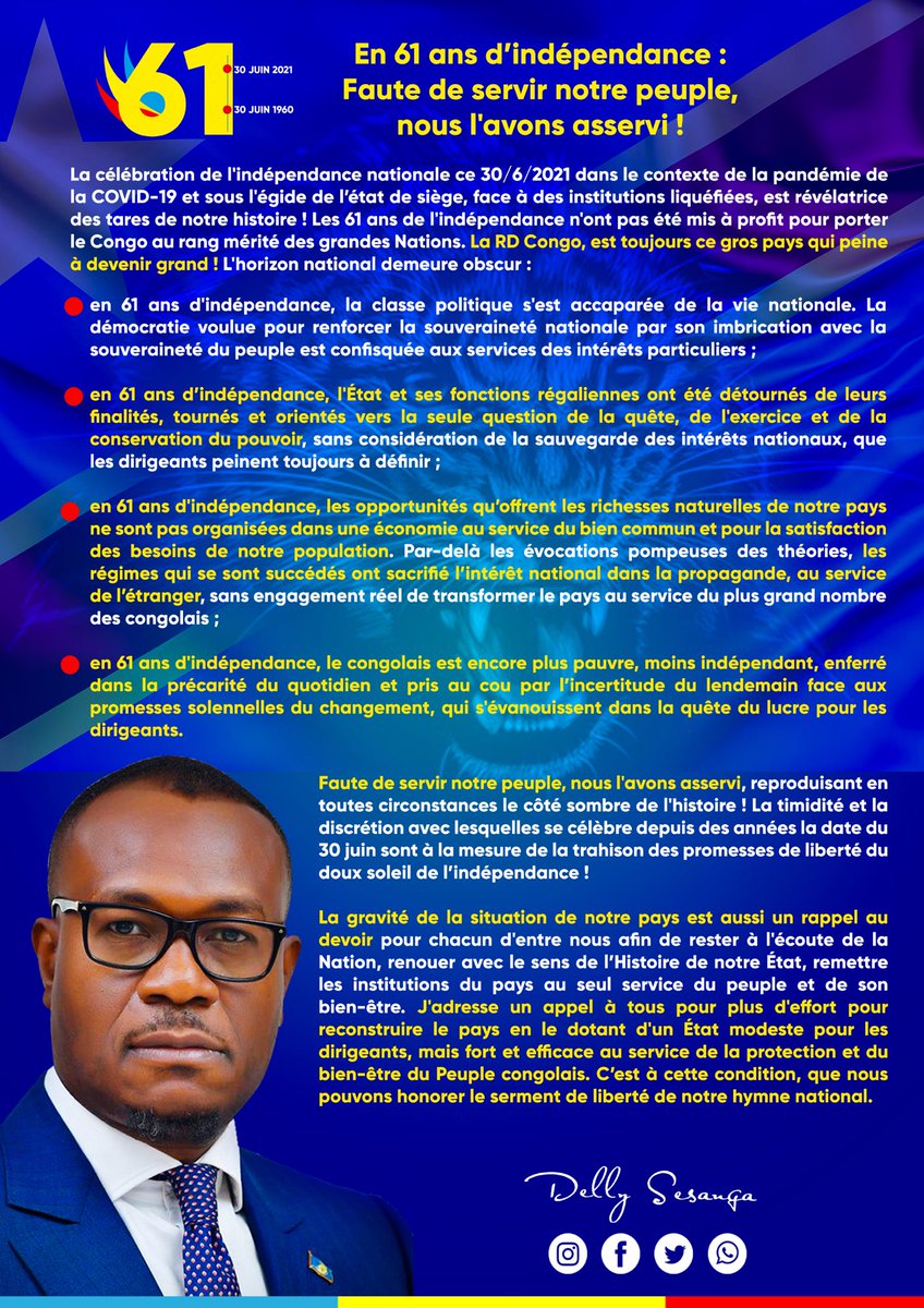 DSESANGA's tweet image. En 61 ans d’indépendance sur 136 d’existence de l’Etat congolais,ns avons consumé les espérances des congolais pr 1 Congo meilleur.Les promesses de souveraineté et de liberté ne sont pas accomplies.Faute de servir le Congolais,ns l’avons asservi.Redoublons d’effort pr en sortir!!