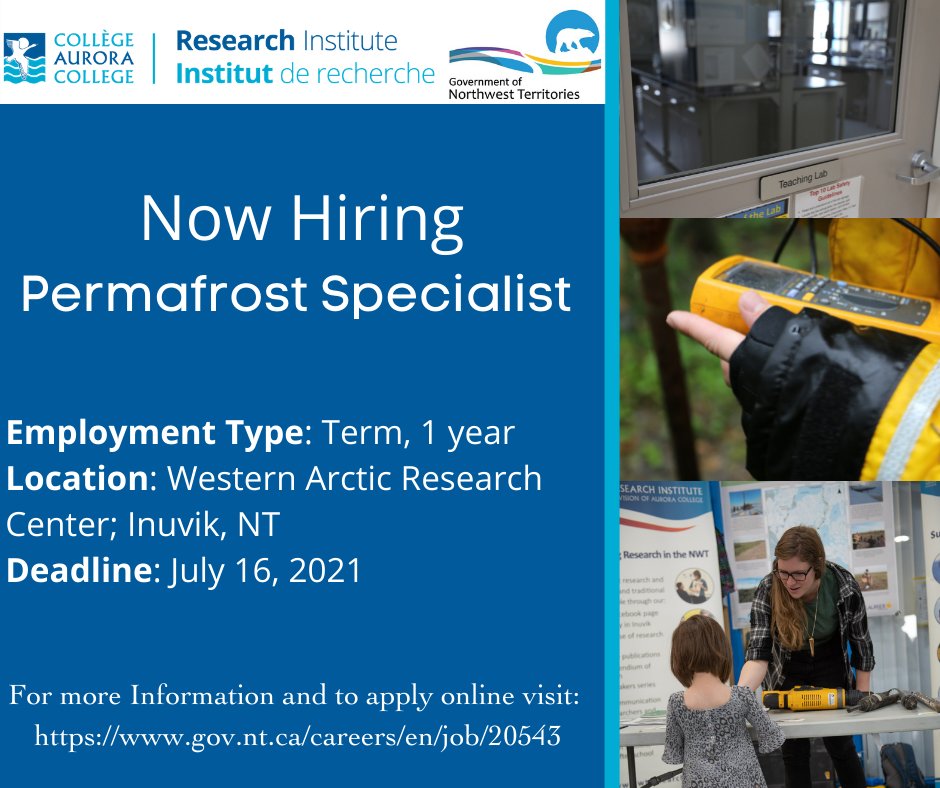📢JOB ALERT!  The Western Arctic Research Center in #Inuvik #NWT is hiring a #Permafrost Specialist! 
#NWTJobs #PermafrostJobs #PolarScience 
‼️Please Share!
For more info: gov.nt.ca/careers/en/job…