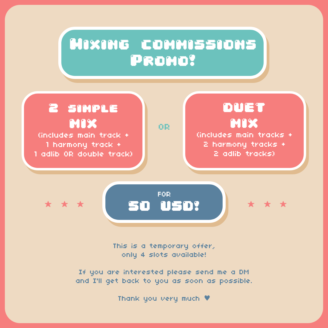 Hello ✨ i'm moving out so I'm opening this commission promos to gather some extra money! 😌

You can check my mixing playlist here:
bit.ly/mymixplaylist

If you are interested or have any questions please send me a DM ♥️ Retweets are highly appreciated! 🙏