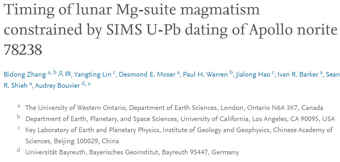 zhangbidong's tweet photo. My new paper on Apollo norite 78238 is now available in EPSL. Our SIMS U-Pb dating shows that the Mg-suite rock is resolvably younger than ferroan anorthosites. Check this open-access paper out via https://t.co/vvHWlZoakR @AudreyMBouvier @Des_Moser https://t.co/c05XIdVjgy