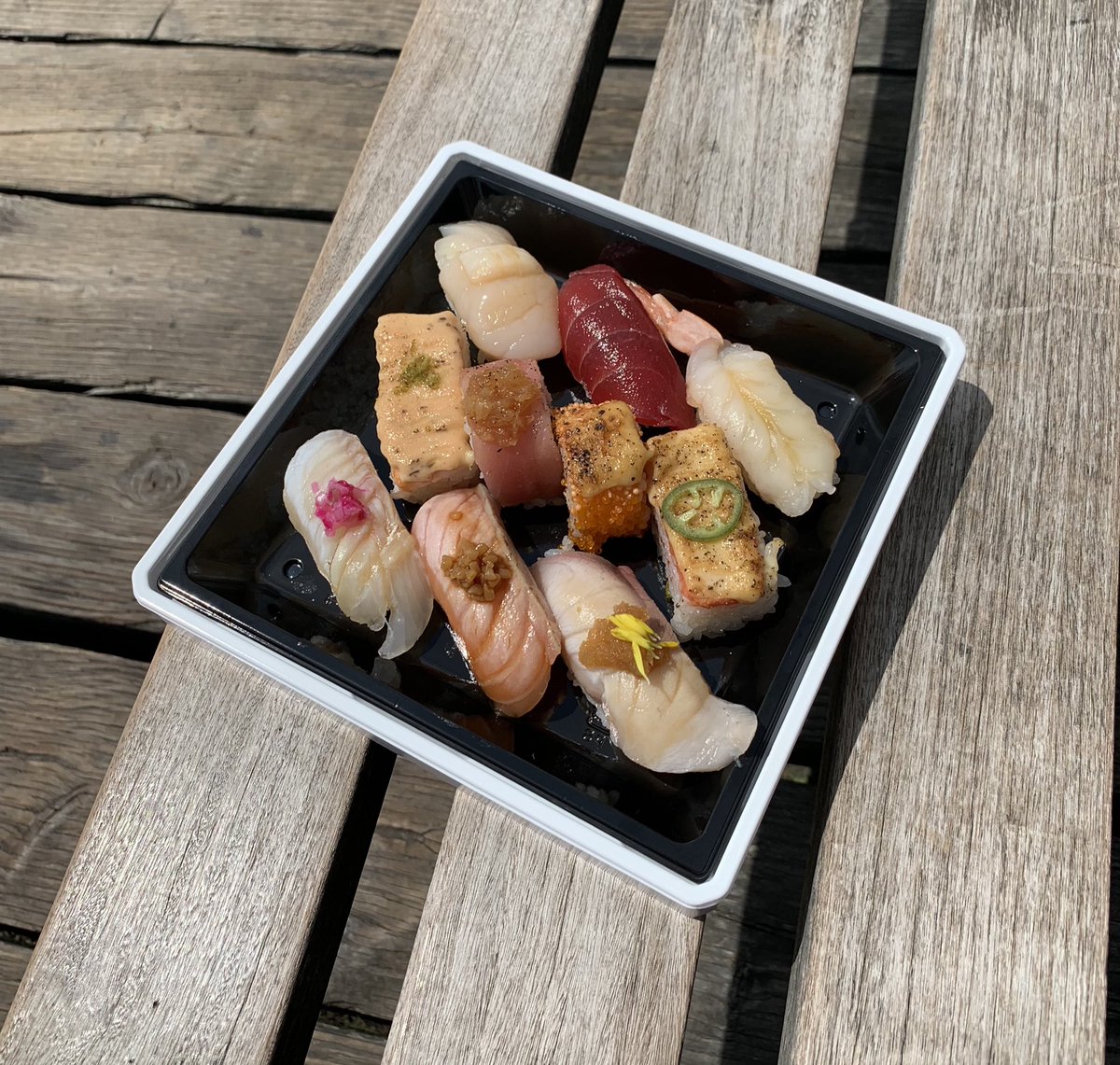 Takeout #Sushi by the #Waterfront. This beautiful and delicious Signature Sushi Selection box is from one of my favorite sushi places. <a href="/mikutoronto/">Miku Toronto</a> never disappoints.  A great start to begin my staycation. #nigiri #aburi #oshi #TorontoRestaurant