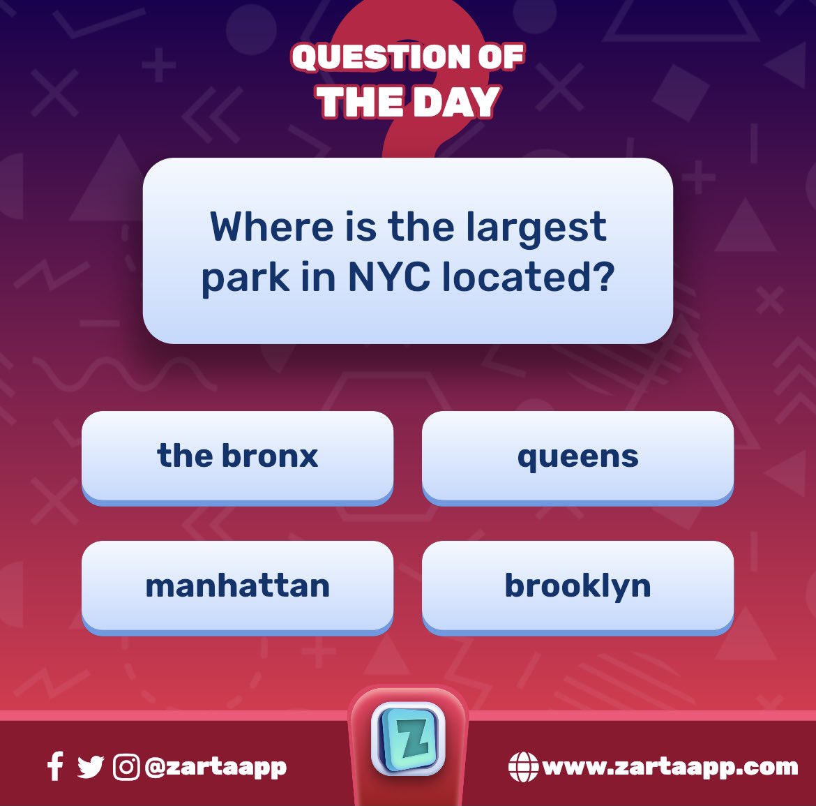 #QuestionOfTheDay! Where is it located and a bonus Q: what is the name of it?? Reply to this tweet if you know the answer! #zarta #zartachallenge #game #gaming #gamingcommunity #gaminglife #question #questionoftheday #trivia #triviagame #nyc #largestpark #nyctrivia #parktrivia