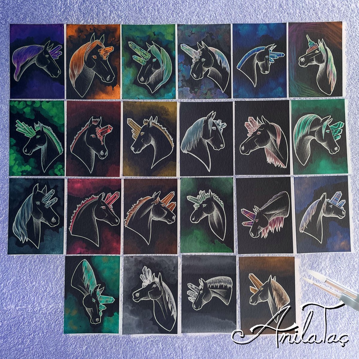 rtistanilatac's tweet photo. Junicorn Complete!
Here are all the crystal unicorns from this month. Inverted watercolor + ballpoint pen. If I made these into stickers, would you buy a sticker pack? I only plan on doing this if it would be worth my time. Let me know your thoughts. 
#crystalunicorns https://t.co/5objOyZP0x
