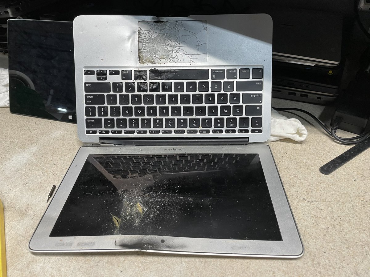 BussTech's tweet image. I have a little recycling PSA. RECYCLE means we will find a way to reuse stuff so it doesn’t end up in a landfill. When you beat the shit out of your PC and then recycle it you completely ruin any possibility of recycling. This was literally on fire in the bin of other computers.