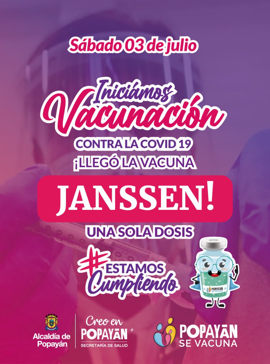 AlcaldiaPopayan's tweet photo. #PopayánSeVacuna | Espera pronto la programación de los puntos para la nueva vacuna de Janssen, que estaremos aplicando en una única dosis para adultos mayores de 50 años y personas con comorbilidades de 18 y más años, este sábado 03 de julio. https://t.co/ANpCkN3cdP