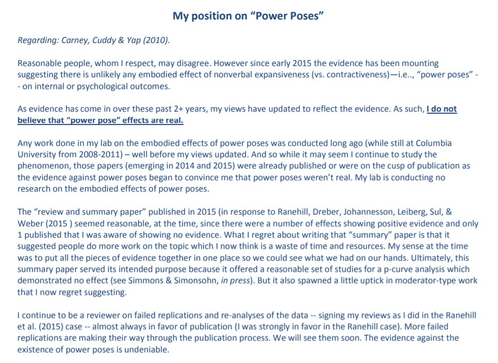 I saw this when it was first put online - Dana Carney's retraction of her (co-authored) very high-profile research on power poses. Re-reading, it's just a remarkable statement. faculty.haas.berkeley.edu/dana_carney/pd…