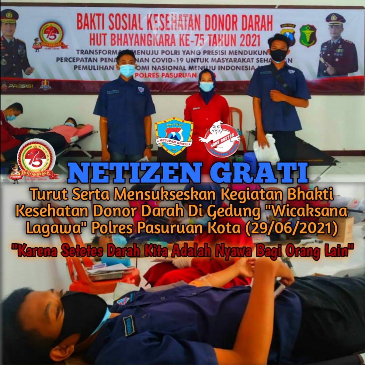 kaptensellak's tweet photo. Dalam rangka mensukseskan "Bhakti Kesehatan Donor Darah" HUT Bhayangkara Ke 75.

Netizen Grati turut hadir menyumbangkan darah dalam kegiatan donor darah tersebut.
.
.
.
@divhumaaspolri
@bidhumaspoldajatim
@polrespasuruankota
@andikaekaprasasti
#protokolkesehatan https://t.co/tWs8U7GJIR