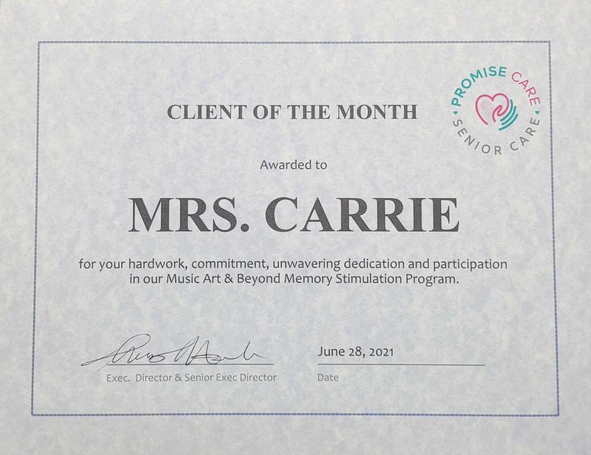 PromiseSenior's tweet image. Congratulations Mrs. Carrie!! 
You've won CLIENT OF THE MONTH for your hardwork, commitment, unwavering dedication and participation in our Music Art &amp;amp; Beyond Memory Stimulation Program. She loves her beautiful flowers in participation of NATIONAL ROSE MONTH!