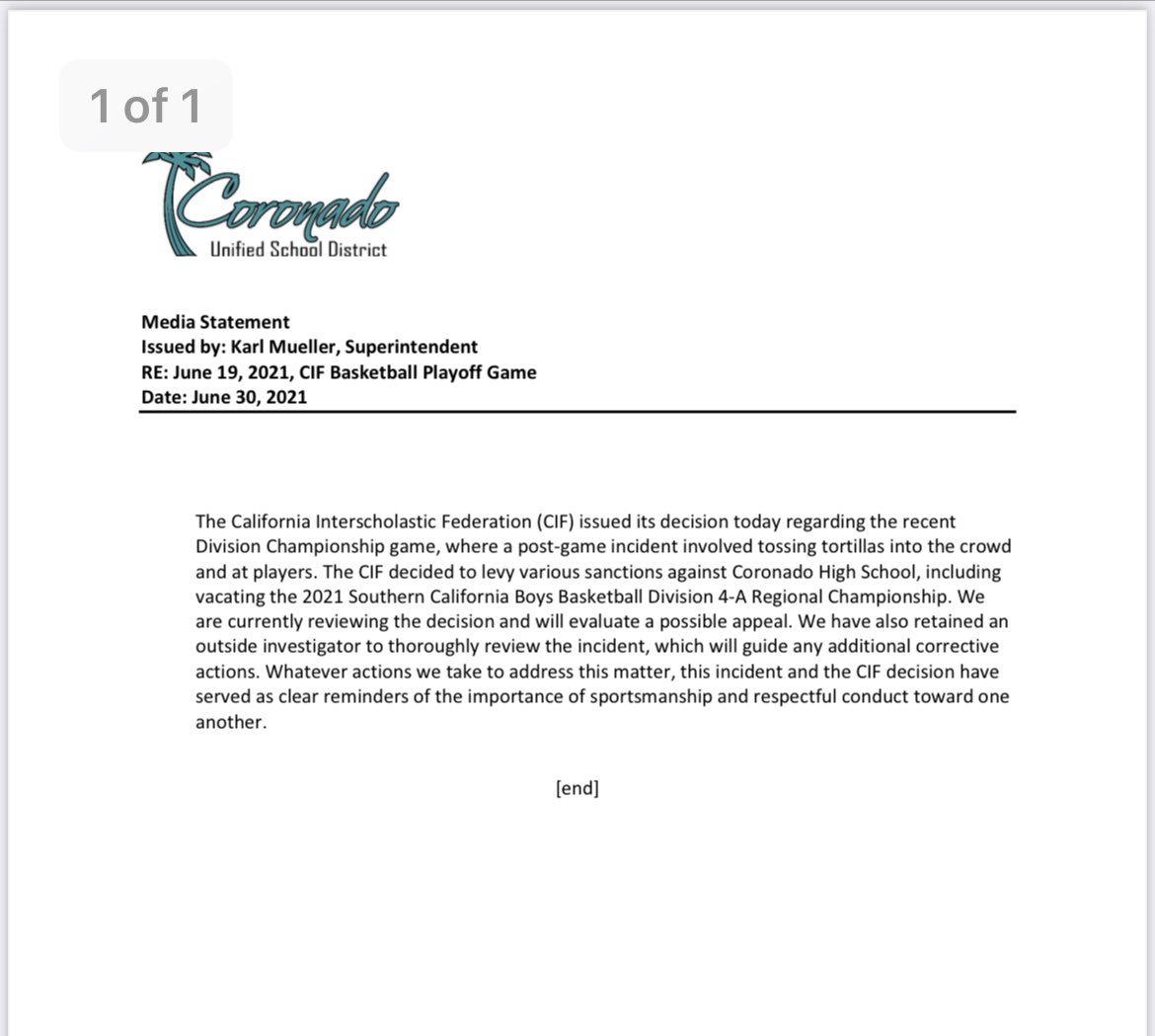 BREAKING: <a href="/CIFState/">CIF State</a> has stripped the Coronado Islanders of the Regional 4A championship. Coronado Unified looking into appealing the decision.