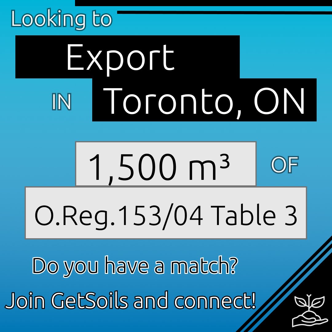 GetSoils's tweet photo. Looking to get rid of 1.500 m³ of O.Reg.153 Table 3 material in TORONTO, ON! Can you IMPORT? Join GetSoils and we will connect you! 

#ConstructionTech #OntarioConstruction #SoilManagement #Sustainability #CircularEconomy #Excavation #ConstructionLife #Ontario #Soil #ExcessSoils https://t.co/48YEM0Q2A3