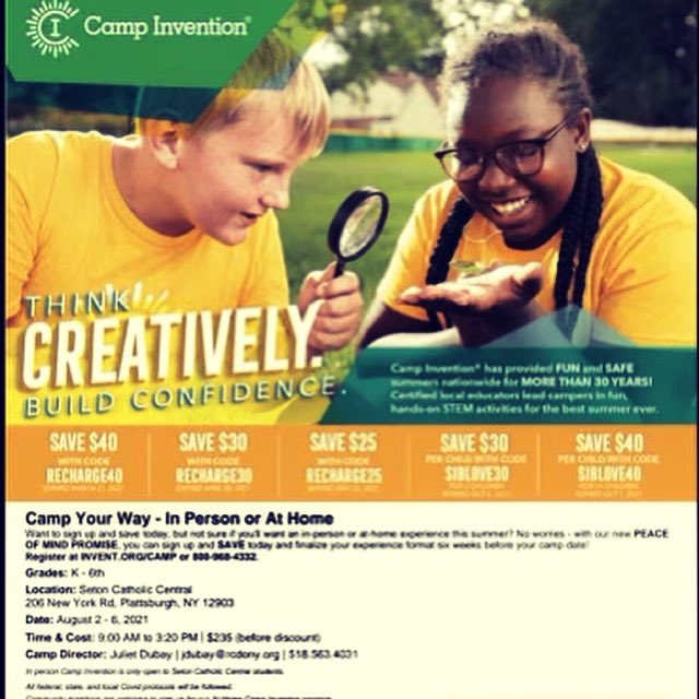 EXCITING NEWS!! We are hosting Camp Invention Recharge (STEM Camp) August 2-6, 2021, 9:00am - 3:20pm. All Students Welcome! Students DO NOT have to be enrolled at Seton Catholic. I am the director, please message me for more information or call me at 518-414-2311.
