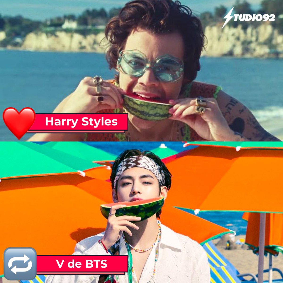 ¿Si tienes que comer sandía 🍉 con alguno de estos dos cantantes? 😂 ¿Con quién sería #HarryStyles ❤️(corazón) o #V de #BTS 🔁(retweet)? COMENTA 😱