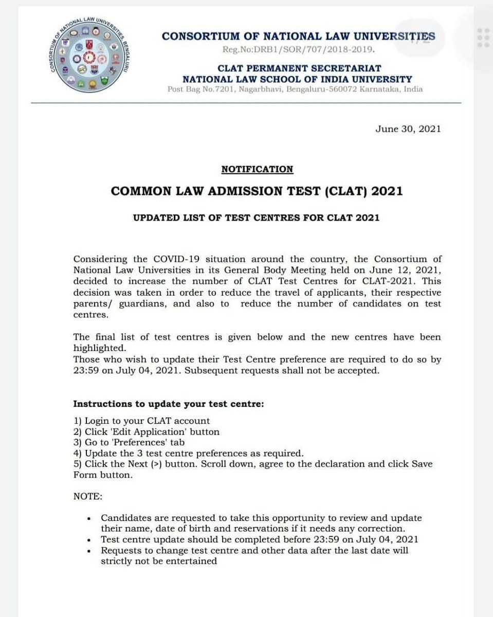 panacealearn's tweet image. #clat_2021_aspirants
Update from the CLAT Consortium
About the CLAT Test Centers.
.
.
#lawpreptutorialprayagraj #clatconsortium #update #clat2021 #clataspirants