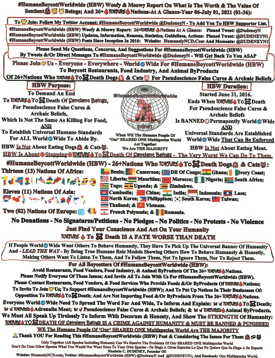 DudeneyN's tweet photo. 1-9
Join🤝Us 
#HumaneBoycottWorldwide @DudeneyN
Woofy &amp; Meowy Report
What Is The Worth &amp; Value
Of Sentient🐶🥰🐱Beings
26+Torture🩸Nations-At A Glance
Year6-2021Jul1

What💰❣️Price🩸Torture?

Money≠Happiness

Need ALL🌐To🛑STOP
🐶&amp;🐱Adrenalin Meat Trade🌐
https://t.co/njR34aOsuX https://t.co/9ETiFtjlmX